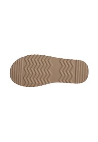 Rubberen schoenzool in lichtbeige, met een zigzag profiel voor grip, een gestructureerd oppervlak en een afgeronde neusvorm voor stabiliteit.
