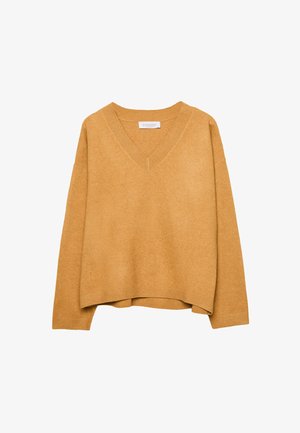 Mustard yellow V-neck long-sleeve knit sweater with ribbed cuffs and hem, slightly cropped and labeled "Stradivarius" inside the collar.