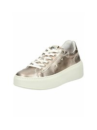 Metallic rose gold sneakers with white laces, round toe, platform sole, and decorative studs on the sides. Smooth texture throughout.