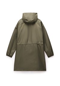 Olivově zelená nepromokavá bunda s kapucí, elastickými manžetami a staženým pasem. Hladká, lehká tkanina s minimalistickým designem.