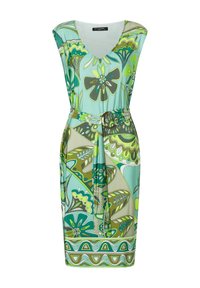 Robe à motif floral vert avec un décolleté en V, des manches courtes et une taille ceinturée. Fabriquée dans un tissu lisse, présentant des nuances de vert et d'aqua.