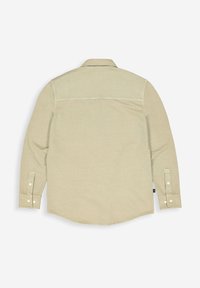 Helles beige Langarmhemd mit Button-Down-Kragen, abgerundetem Saum und geknöpften Manschetten. Glattes Material mit minimalen Nähdetails.