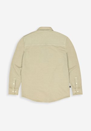 Light beige long-sleeve shirt with a button-down collar, rounded hem, and buttoned cuffs. Smooth fabric with minimal stitching detail.