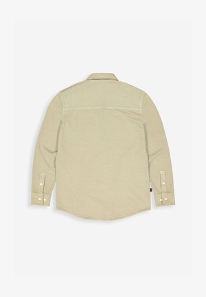 Helles beige Langarmhemd mit Button-Down-Kragen, abgerundetem Saum und geknöpften Manschetten. Glattes Material mit minimalen Nähdetails.