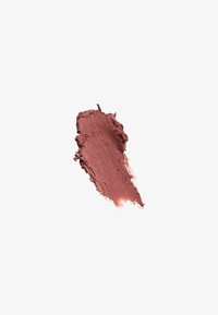Macchia di ombretto mauve scintillante con una consistenza cremosa su uno sfondo bianco semplice.