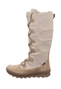 Tan winterboot met een gewatteerde wol buitenkant, faux bont voering en een stevige rubberen zool. Beschikt over veters met ronde knopen aan de zijkant.