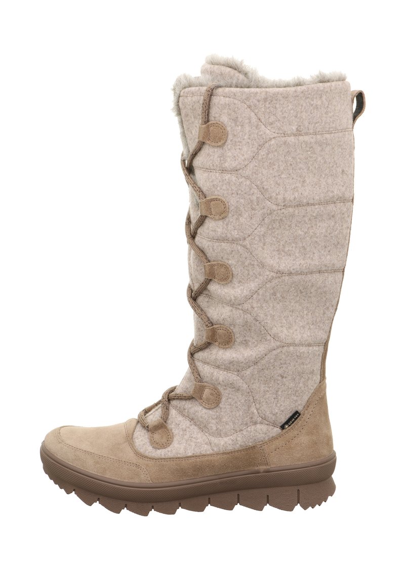 Tan winterboot met een gewatteerde wol buitenkant, faux bont voering en een stevige rubberen zool. Beschikt over veters met ronde knopen aan de zijkant.