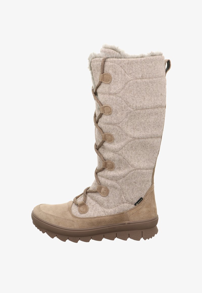 Tan winterboot met een gewatteerde wol buitenkant, faux bont voering en een stevige rubberen zool. Beschikt over veters met ronde knopen aan de zijkant.