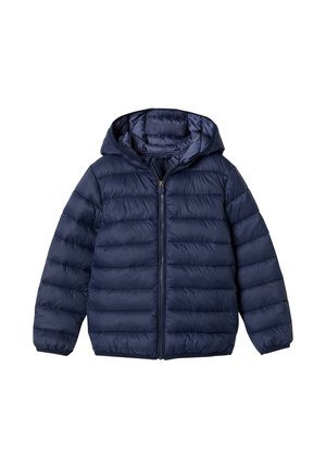 Marineblauer Pufferjacke mit Kapuze, mit einem Reißverschluss, vertikalen Nahtmustern und einem glatten, glänzenden Außenmaterial.