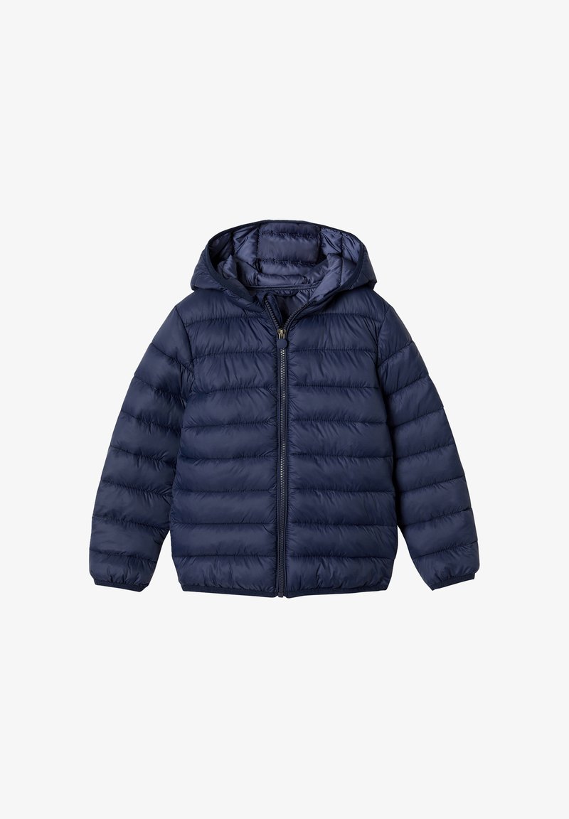 Marineblauer Pufferjacke mit Kapuze, mit einem Reißverschluss, vertikalen Nahtmustern und einem glatten, glänzenden Außenmaterial.