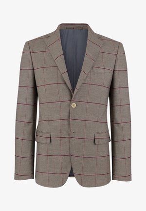 Blazer marrone a quadri con linee rosse, chiusura con un bottone, rever a lancia e due tasche frontali. Interno rivestito in tessuto grigio.