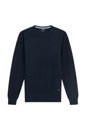 Maglione blu navy lavorato a maglia con maniche lunghe e scollo rotondo. Presenta una texture a coste e una piccola etichetta del marchio nella parte bassa frontale.