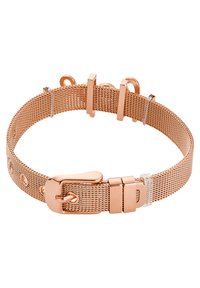 Bracciale in rete rosa oro con finitura liscia, dotato di una chiusura sicura e fori circolari per la regolazione. Texture intrecciata distintiva.