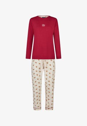 Langsleeve rode top met de tekst "holly jolly" gecombineerd met crèmekleurige broek met een peperkoekmannetje en stippenpatroon, met een trekkoord in de taille.