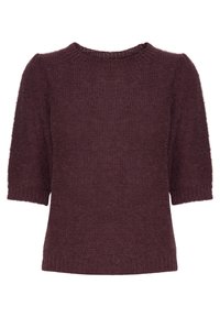 Kortärmad tröja i djup burgund, stickad textur med ribbad halsringning och nederkant, mjukt material, något lös passform.
