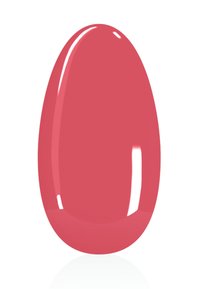 Korallenpinke Nagellack-Probe, glänzende Oberfläche, ovale Form mit glatter Textur, reflektiert Licht. Keine sichtbaren Muster oder Akzente.