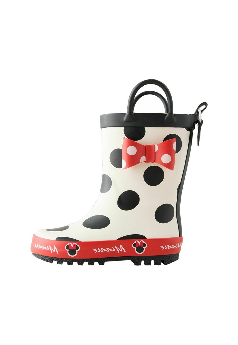 Weiße Gummiregenstiefel mit schwarzen Punkten, roten Schleifenakzenten an der Seite und einem roten Sohlenband mit "Minnie"-Text und Pfotenabdrücken.