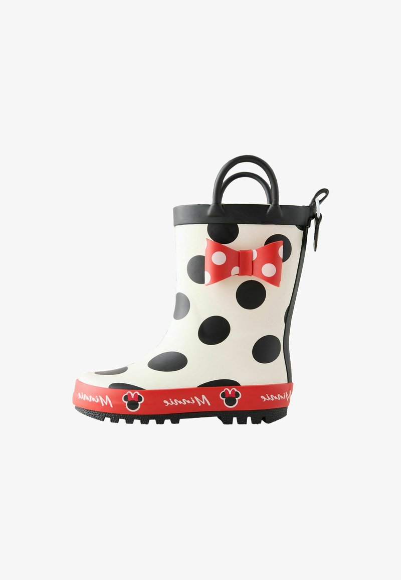 Weißer Kinderregenstiefel mit großen schwarzen Polka-Dots, roter Schleife und roter Sohle mit Minnie-Maus-Köpfen und dem Text "Minnie".