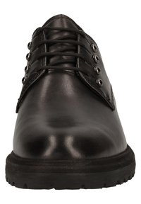 Scarpa in pelle nera con finitura liscia, punta arrotondata, lacci attraverso occhielli metallici e suola in gomma testurizzata per una buona aderenza.