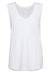 White sleeveless V-neck top made from lightweight fabric, featuring a relaxed fit and subtle texture. Straight hem and no visible embellishments.
