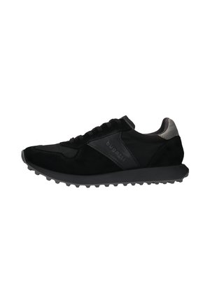 Black athletic shoe featuring suede and mesh material, round toe, lace-up design, thick grey rubber sole with textured tread pattern.