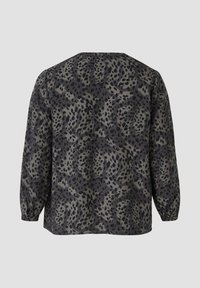 Langsleeve, loose-fitting top in donkergrijs met een zwart en olijfgroen luipaardprintpatroon. Ronde halslijn, zachte stof en elastische manchetten.