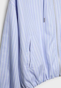 Veste bleu clair avec des fines rayures verticales blanches, fermeture éclair frontale, poche latérale et ourlet élastique.