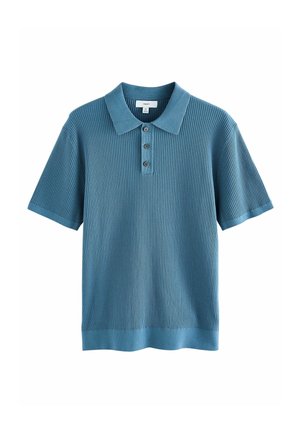 Short-sleeve polo shirt in a textured teal fabric, featuring a standard collar, ribbed design, and three button placket.