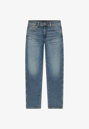 Heren blauwe recht benen jeans met vervaald voorkant, ontwerp met vijf zakken, knoopsluiting en Wrangler merklabel op de tailleband en zak.