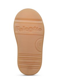 Suola di scarpa in gomma color tan con scanalature orizzontali e verticali, caratterizzata dal logo "Falcotto" e un accento circolare vicino al tallone.