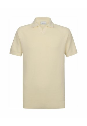 Korte mouwen polo in lichtgele gebreide stof met een kraag, voorzien van een strak ontwerp en een geribbelde textuur over het geheel.
