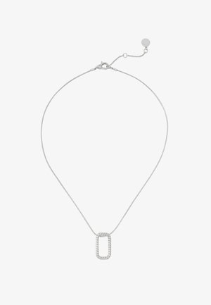 Zilveren ketting met een dunne, flexibele schakel en een getextureerde rechthoekige hanger met een gedraaide ontwerp. Verstelbare sluiting met verlenging.