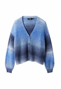 Blå stickad cardigan med en gradient från ljusblå till mörkblå. Har V-hals, långa ärmar och ribbad textur med knäppning.