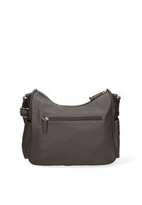 Borsa a spalla in pelle grigia con superficie testurizzata, tasca con zip sul davanti e tracolla regolabile. Presenta dettagli in metallo.