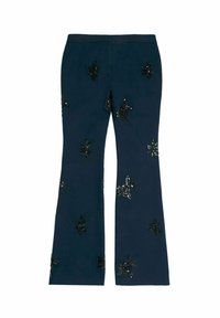 Marineblaue, ausgestellte Hose mit floralen Paillettenverzierungen in Schwarz. Sie verfügt über eine glatte Textur und einen taillierten Bund.