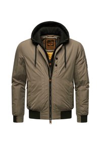 Giacca bomber beige con cappuccio nero, chiusura con zip, tasche laterali e polsini a costine. Presenta un rivestimento giallo e il logo sull'etichetta interna.