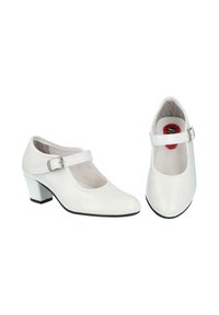 Zapatos Mary Jane blancos con tacones bajos de bloque y correas ajustables con hebilla, mostrados desde vistas lateral y superior sobre un fondo blanco.