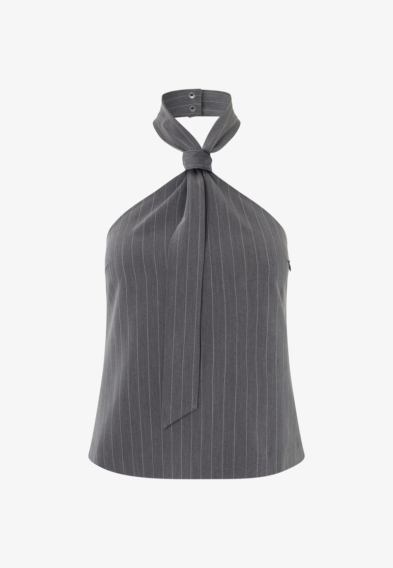 Haut halter gris avec un nœud au cou, présentant des rayures verticales, une texture lisse et une coupe ajustée. Fermé à l'arrière par des boutons.