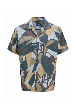 Chemise à manches courtes avec boutons, présentant un motif de feuilles abstrait multicolore dans des tons terreux de vert, marron et bleu sur un fond clair.