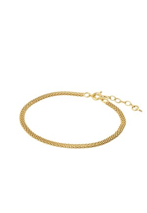 Delikat guldkædearmbånd med et vævet mønster og justerbar lås, der kan forlænges med fem små led.