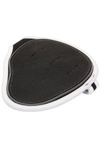 Zwarte rubberen zool met een gestructureerde grip, witte gestikte stofrand en een lus voor bevestiging, gevormd in een driehoekig ontwerp.