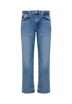 Hellblaue Jeans aus Denim mit geradem Bein, fünf Taschen-Design und einem normalen Bund mit Metallknopfverschluss.