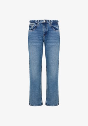 Light blue denim jeans with a straight leg cut, five-pocket design, and a standard waistband with a metal button closure.