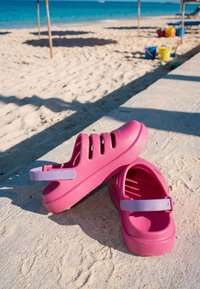 Lyserøde vandsko med lavendelstropper, hvilende på en stenklint ved siden af en sandstrand og blåt hav i sollys.