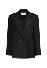 Blazer nero doppiopetto con un design sartoriale, revers a punta e due tasche frontali. Tessuto liscio con una leggera lucentezza.