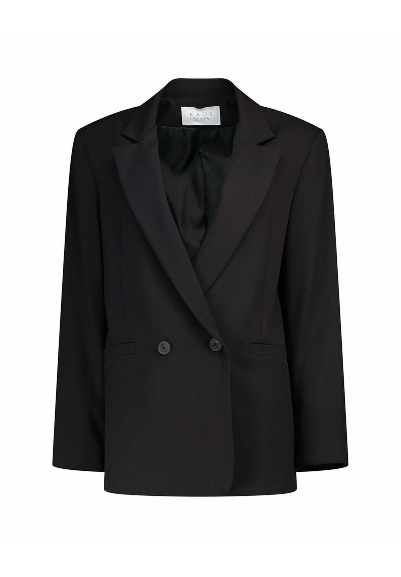 Blazer nero doppiopetto con un design sartoriale, revers a punta e due tasche frontali. Tessuto liscio con una leggera lucentezza.