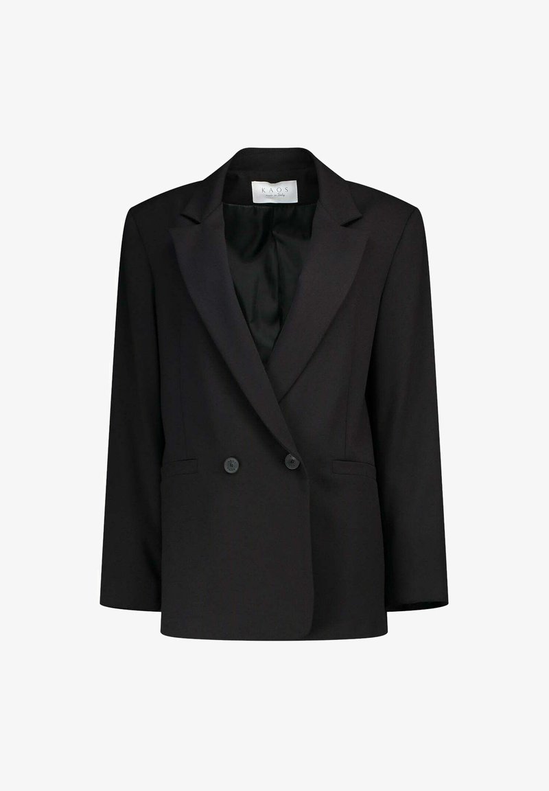 Blazer noir à double boutonnage avec un design ajusté, des revers crantés et deux poches avant. Tissu lisse avec un léger éclat.