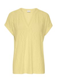 Keltainen lyhythihainen paita, jossa on V-paitakaulus, laserleikattu kuviopinta ja rento istuvuus. Valmistettu kevyestä kankaasta.