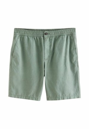 Lysgrønne shorts lavet af stof med elastisk talje og knaplukning. Har to sidelommer og pæne syninger.