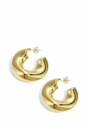 Chunky gold-tone crescent-shaped hoop earrings with post back closures on a white background.